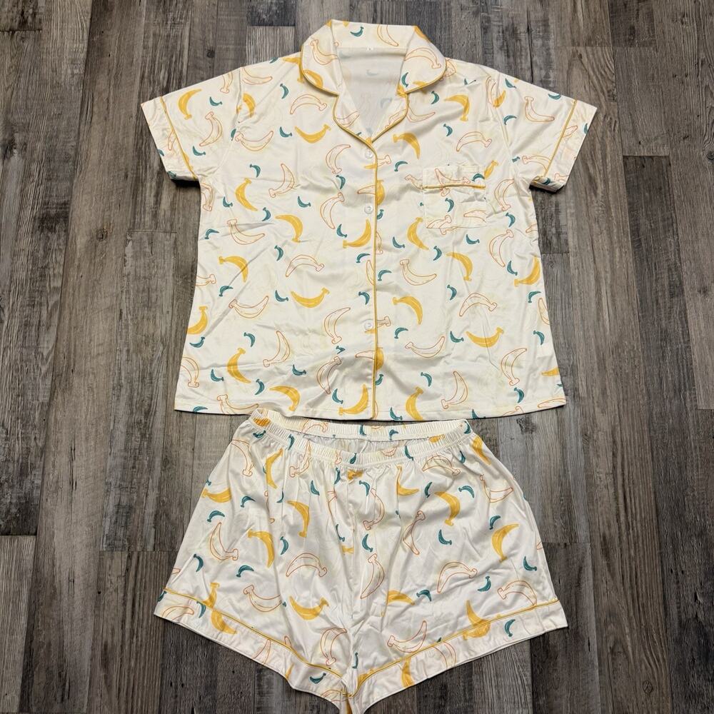 Fruit Print White Banana Knit Button Pajama Set Short Sleeve Women's (Size XL)
